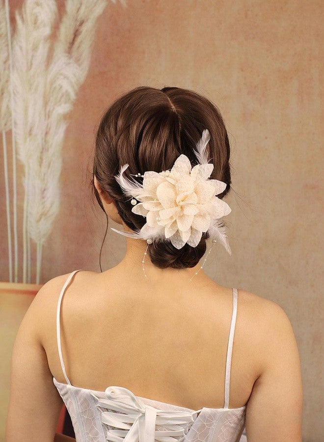 Rannyrena Vintage Feather Flower Hair Clip with Beaded Large Tulle Bow Hair Pieces Handmade Floral Bridal Wedding Hair Accessory for Women (Off white flower) - Image 4